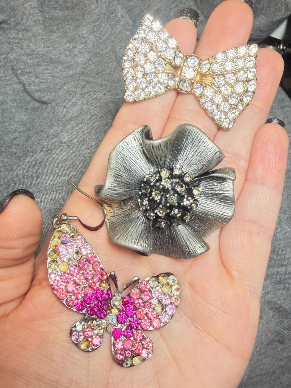 Jewelry Repair Lot 3 Pc Rhinestone Flower Brooch Butterfly Earring Bow Finding U